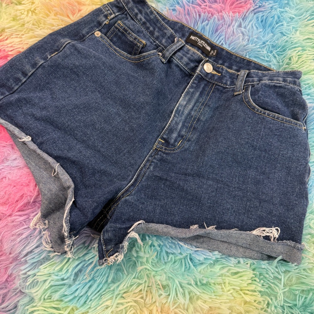 PrettyLittleThing Denim Shorts Jorts‎ Womens 6 Blue Frayed Raw Hem Tall High